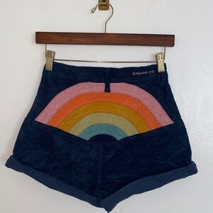 Ghanda Navy Corduroy High-Waist Shorts with Rainbow Applique